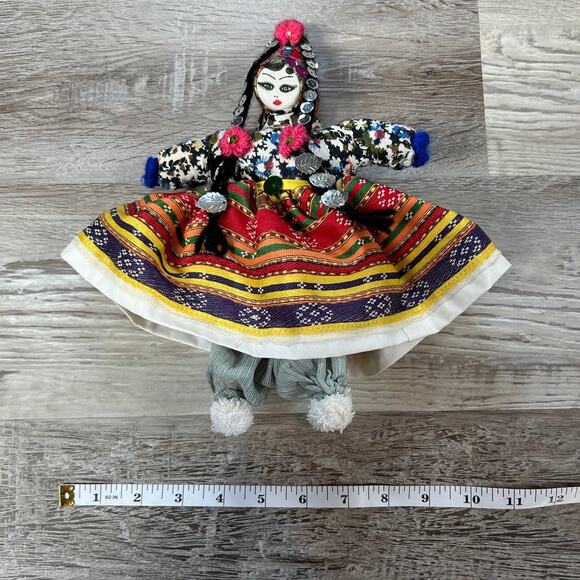 Handmade Fabric Folk Doll with Sequin Trim + Colorful Traditional Dress - Picture 6 of 6